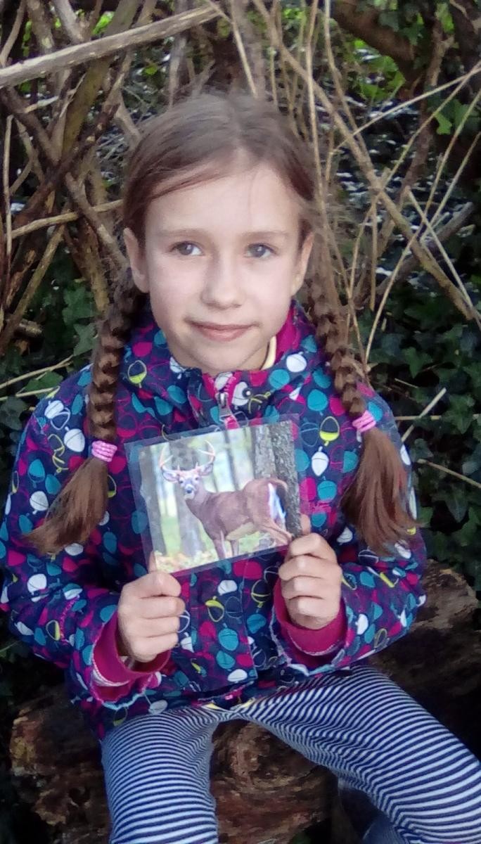 Smiling child holding a photo of a stag